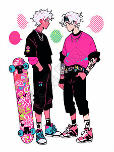 两个短发酷酷的卡通男孩手插兜站在滑板旁背景图片