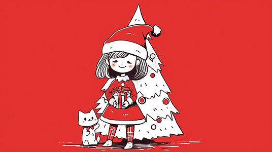 在圣诞树前抱着礼物盒微笑可爱的卡通小女孩背景图片