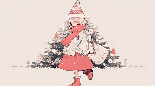 圣诞节围着红色围巾穿着半身裙开心走路的卡通小女孩，背景图片