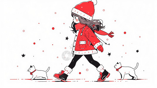 戴着圣诞帽与宠物猫大步走路的卡通小女孩背景图片