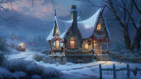 冬天雪后枯树旁一座亮着灯温馨的卡通小房子背景图片