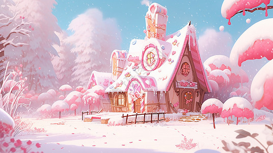 月色与雪色之间雪地中一座梦幻糖果色卡通屋插画