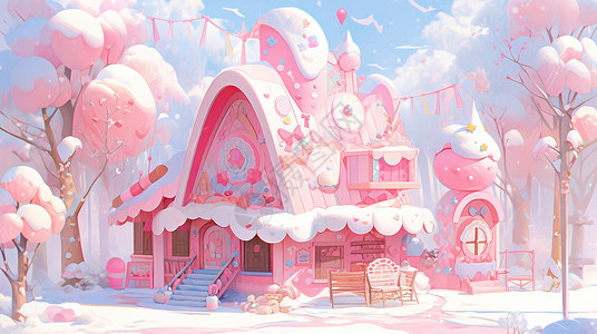 雪后森林中一座梦幻粉色卡通小房子背景图片
