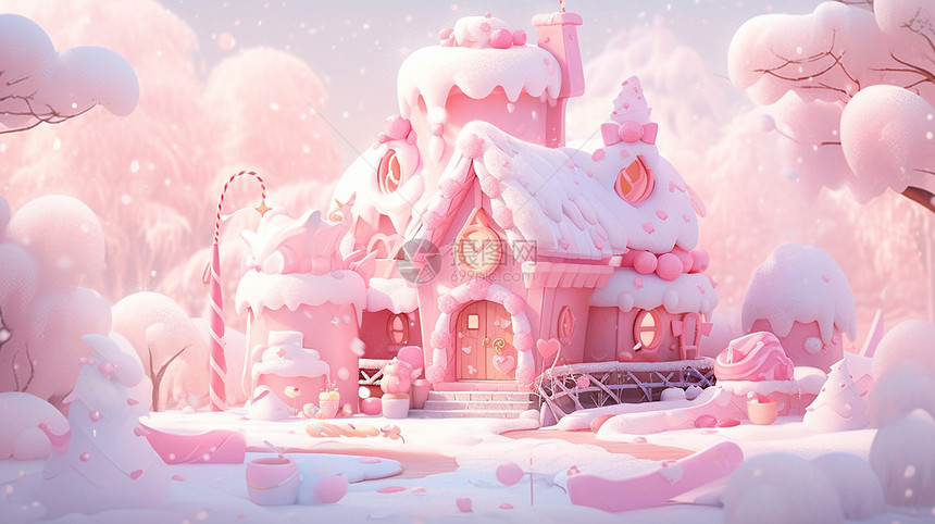粉色森林中一座可爱的粉色卡通小房子图片