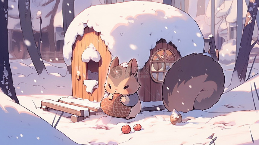 大雪中在树下端着食物的可爱卡通松鼠图片