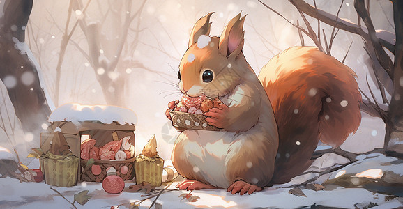 抱着坚果的松鼠雪中在木屋旁抱着美食的可爱卡通小松鼠插画