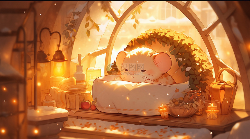 趴在温暖的卧中睡觉的可爱卡通小老鼠图片