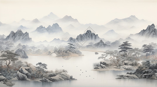 云雾缭绕的古松与河流唯美水墨风山水画插画