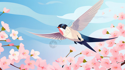 春天花朵盛开燕子飞翔背景图片