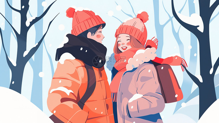 冬天雪地中散步的情侣图片
