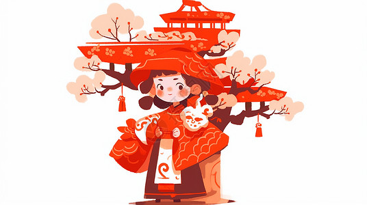 春节穿着喜庆微笑可爱的卡通小女孩背景图片