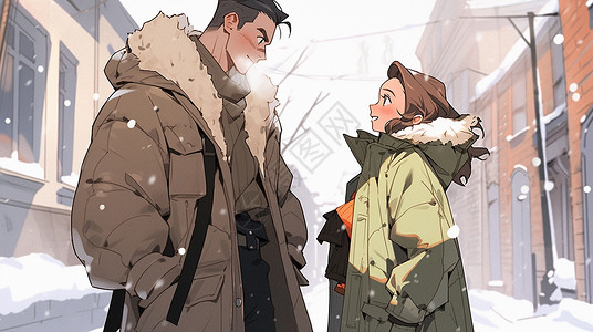 外套女冬天站在街道上谈话穿着厚外套的卡通情侣插画