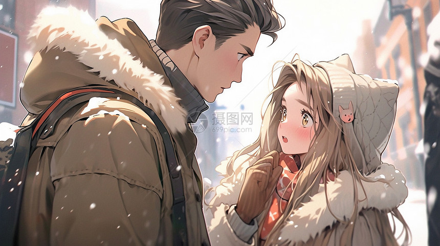 甜蜜的卡通情侣站在雪中对话图片