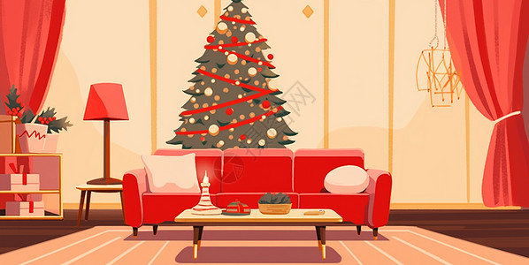 红色沙发后一棵喜庆的卡通圣诞树背景图片