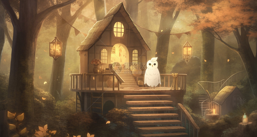 黄昏站在森林中木屋前白色可爱的卡通猫头鹰图片