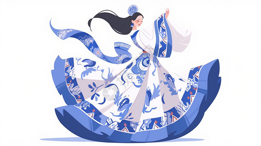 古风主题素材青花瓷主题古风装扮开心跳舞的卡通女人插画