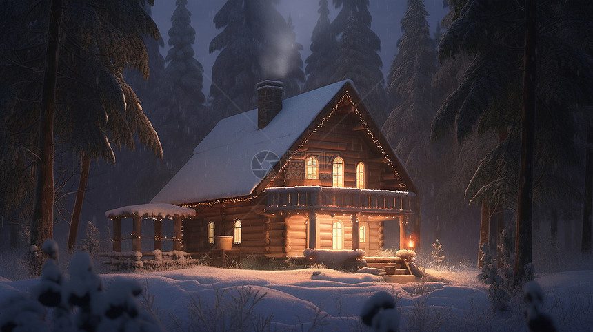 夜晚雪后森林中亮着灯温馨的卡通小木屋图片
