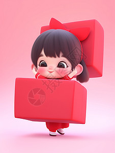 站在红色盒子中开心笑的可爱卡通小女孩背景图片