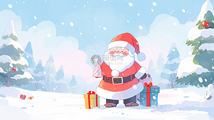 圣诞节站在雪地中可爱的卡通圣诞老人图片
