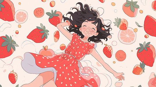 穿着红色花裙子躺在水果中开心笑的卡通小女孩背景图片