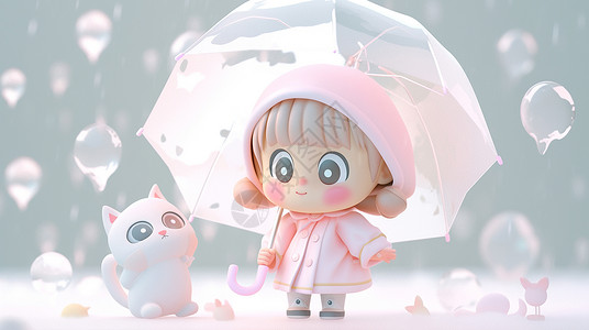 在雨中与宠物猫一起开心玩耍的可爱卡通小女孩背景图片