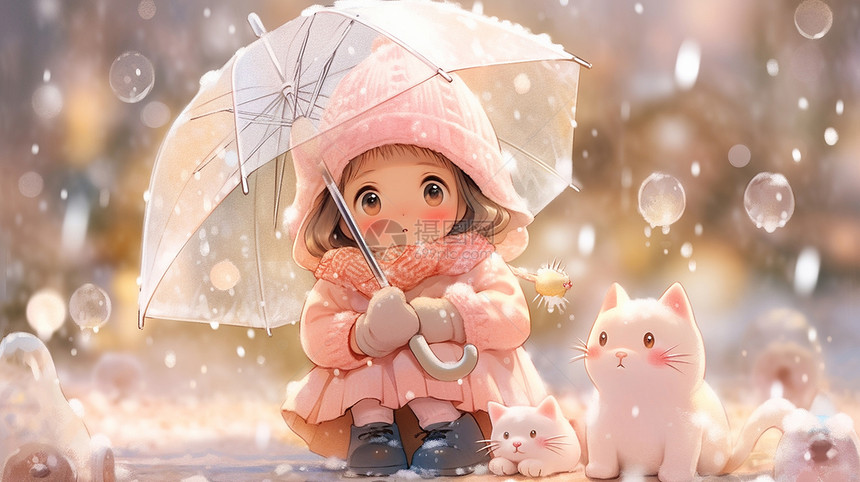 打着透明雨伞与宠物猫一起在欣赏风景的卡通小女孩图片