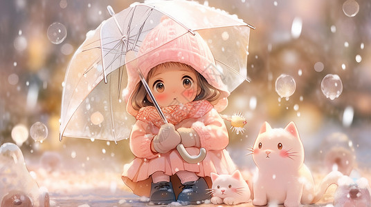 打着透明雨伞与宠物猫一起在欣赏风景的卡通小女孩插画