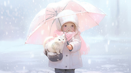 举着粉色雨伞与宠物猫一起走在大雪中的可爱卡通小女孩高清图片