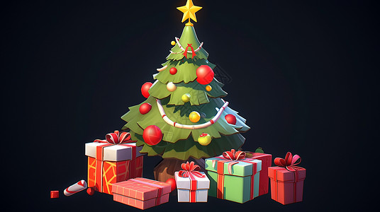顶着黄色小星星的卡通圣诞树下有很多礼物盒背景图片