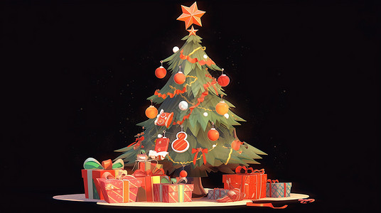 深色背景圣诞树下有很多美丽的卡通礼物盒背景图片