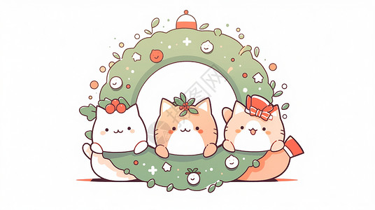 三只可爱的卡通小猫在圣诞花环下背景图片
