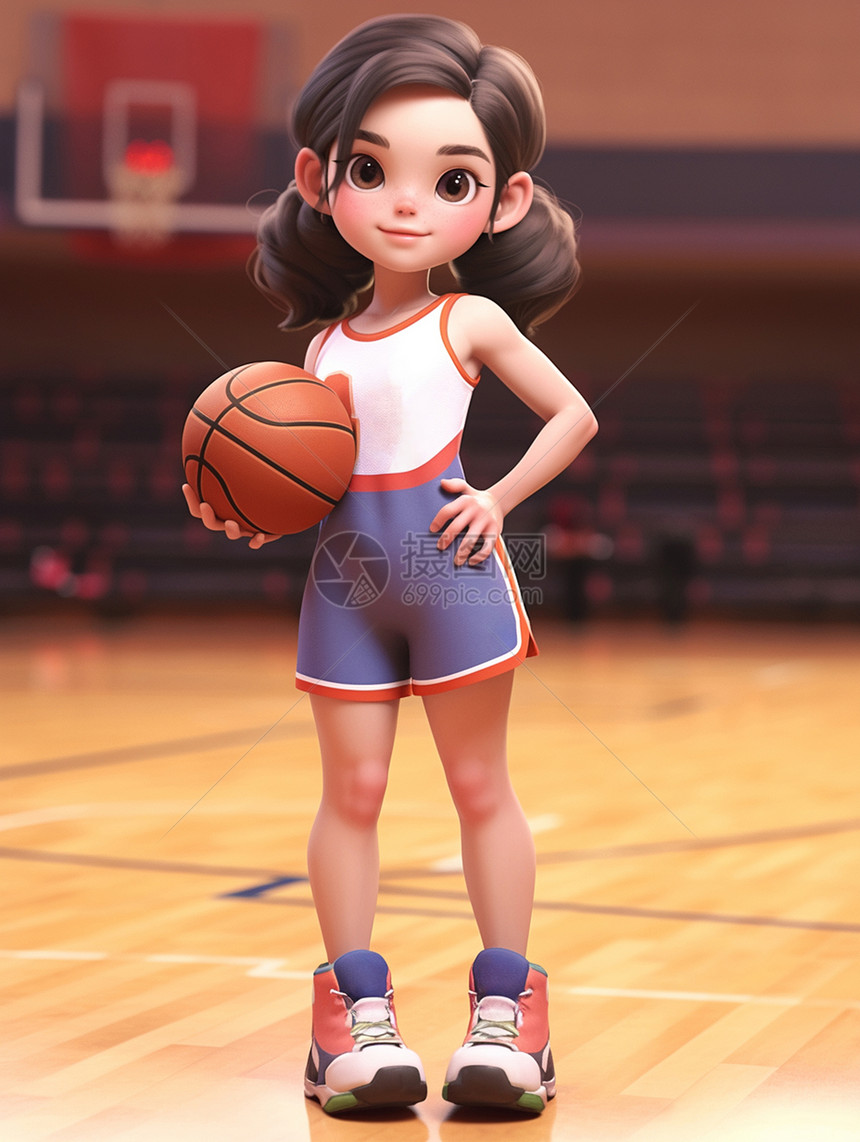 扎两个小辫子抱着篮球站在篮球场的立体卡通小女孩图片