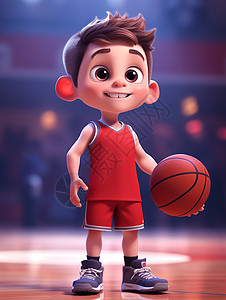 卡通篮球场手拿着篮球开心笑的可爱卡通小男孩插画