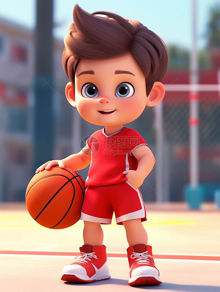 穿着红色篮球运动套装在篮球场上打篮球开心笑的大眼睛卡通小男孩图片