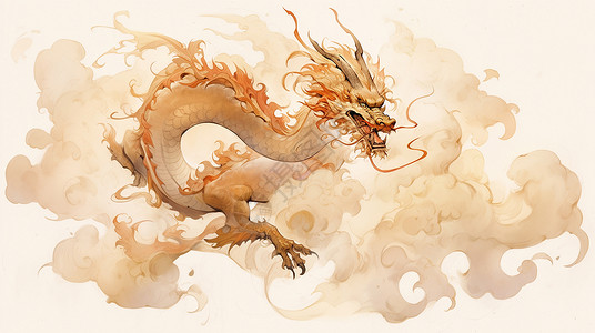 中国龙年春节金色飞舞在云端的水墨风卡通龙插画