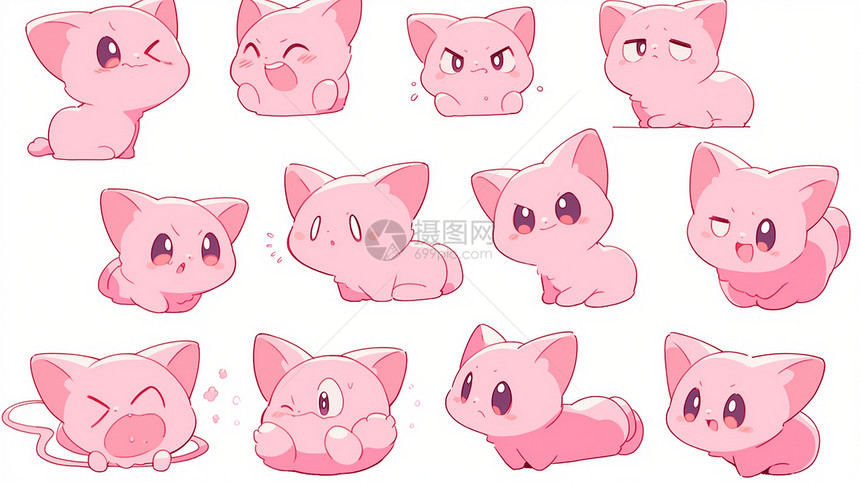 粉色可爱的卡通小猫各种表情包图片