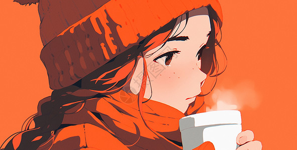 戴橙色毛线帽喝热咖啡的卡通女孩背景图片