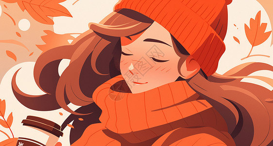 戴着橙色围巾和毛线帽微笑优雅的长发卡通女孩背景图片