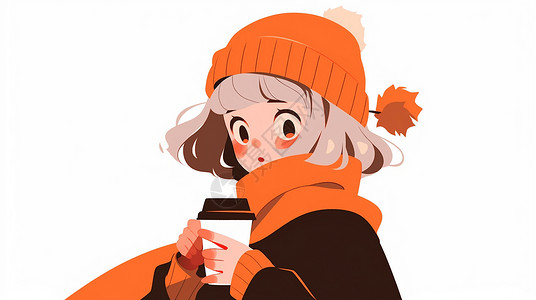端着咖啡围着橙色围巾可爱的小清新卡通小女孩背景图片