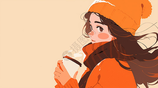 喝热咖啡戴着橙色毛线帽时尚的卡通女孩侧面背景图片