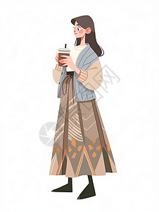 端着咖啡穿棕色半身长裙的时尚扁平风卡通女孩背景图片