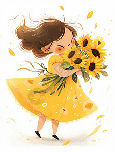 穿裙子的儿童抱着向日葵穿黄色裙子可爱的卡通小女孩插画