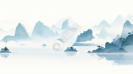 云雾缭绕梦幻卡通水墨风山水画背景图片
