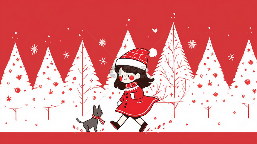穿着喜庆的卡通红色衣服与小猫一起开心玩耍的卡通小女孩图片
