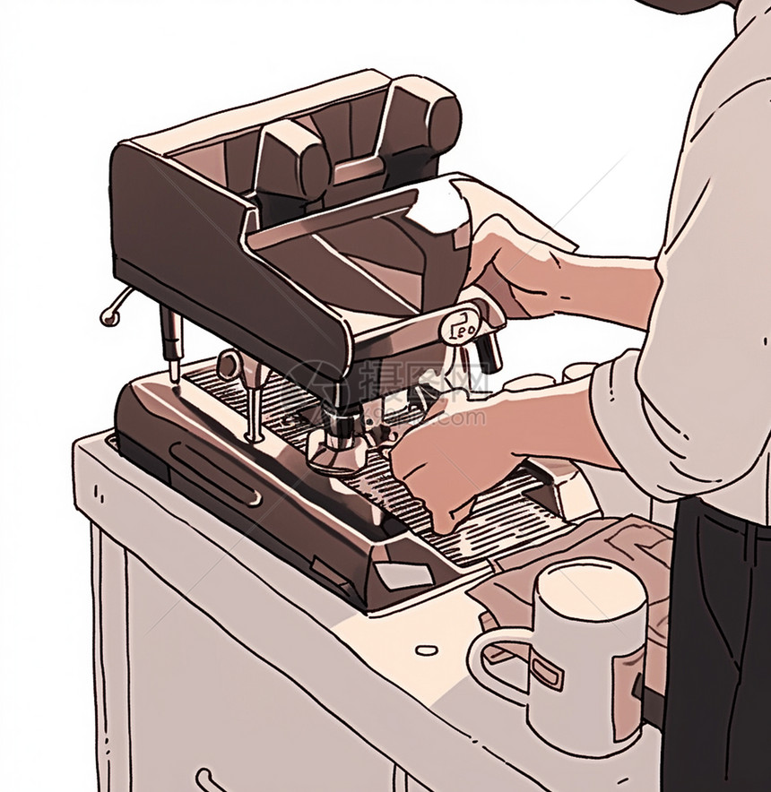 在咖啡机前制作咖啡粗线条卡通插画图片