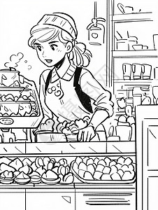 在面包店的卡通服务员粗线条插画背景图片