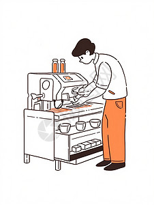 穿着橙色裤子在做咖啡的卡通咖啡师简约插画背景图片