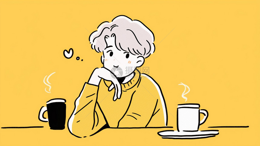 坐在桌子前悠闲喝咖啡的卡通大男孩图片