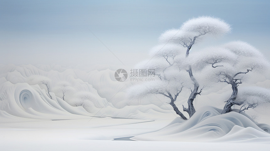 雪地中几棵高高白白的卡通古松树图片