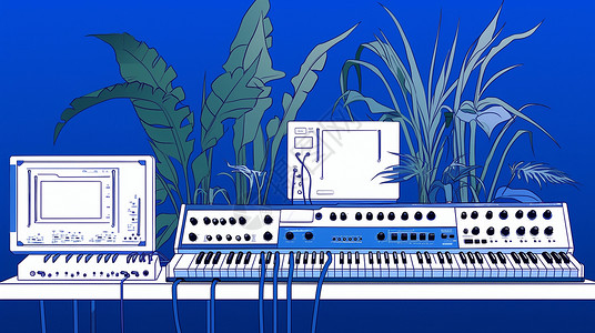 蓝色调电子琴与植物卡通插画背景图片
